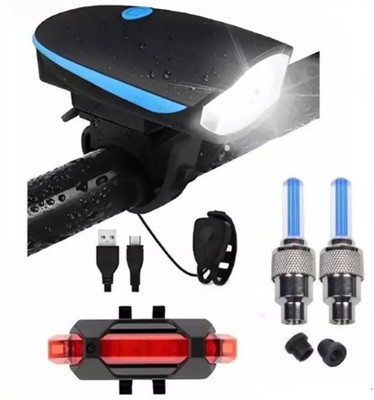 HighRider Cycle Light Front with Horn, Rear Tail Light, Tyre Valve Light (Pack of 4) USB LED Front Rear Light Combo(Multicolor)