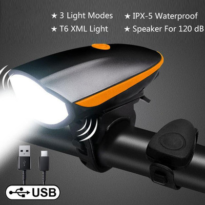 Rebound 2-in-1 USB Rechargeable Bicycle Horn Light (3 modes) LED Front Light(Orange, Black)