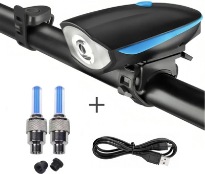 BLACKBELL USB Rechargeable Bicycle Horn LED Front Light with 2 LEDs Blue Valve Lights LED Front Rear Light Combo(Blue)