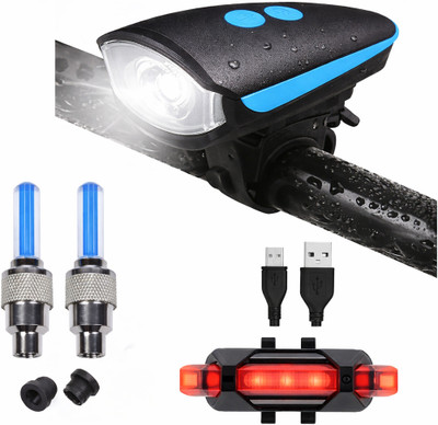 GJSHOP Rechargeable Premium Cycle Front, Rear & Valve Light and with Horn Waterproof LED Front Rear Light Combo(Multicolor)