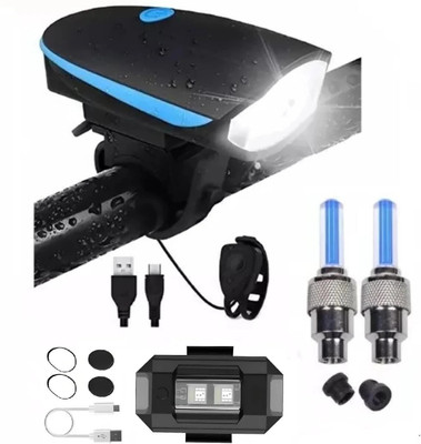 FCC RACING Bicycle Combo of Front Cycle Light Back Tail Helmet Light and Tyre Valve LED Front Light(Black)