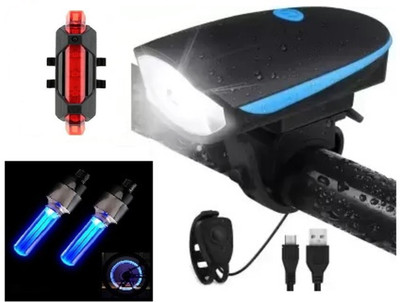 FABSPORTS USB Rechargeable Cycle Horn with Light Cycle Tail Light Cycle Blue Valve Light LED Front Rear Light Combo(Multicolor)