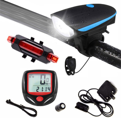 DSTECHBAR Bicycle Headlight and Horn, Red Taillight, Speedometer Odometer (Combo) LED Front Rear Light Combo(Black)