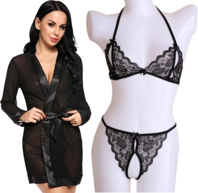 IyaraCollection Women Robe and Lingerie Set(Black, Black)