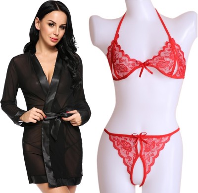 IyaraCollection Women Robe and Lingerie Set(Black, Red)