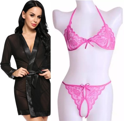 IyaraCollection Women Robe and Lingerie Set(Black, Pink)