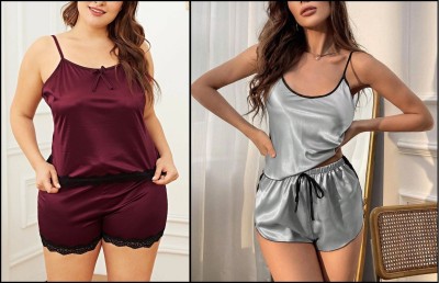 Boosah Women Solid Maroon, Grey Top & Shorts Set