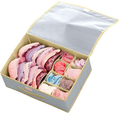 Organo Craft Non-Woven Lingerie Organizer Box with Compartments & Lid | Foldable Storage Case(Grey)