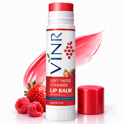 VINR Tinted Ceramide Lip Balm SPF 50 PA++++ with Kojic Acid & Niacinamide| For Women Strawberry(Pack of: 1, 5 g)
