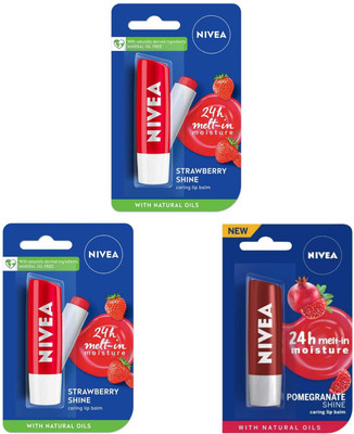 NIVEA 2pc Strawberry & 1pc Pomegranate Lipbalm Set of 3 floral, cherry(Pack of: 3, 15 g)