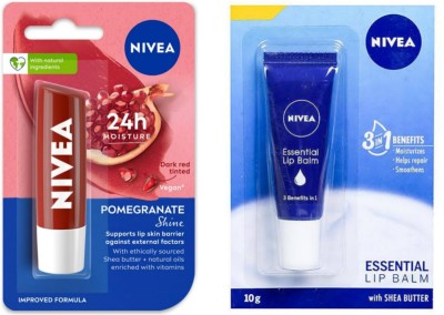 NIVEA Lip Balm - Pomegranate Shine 4.8g & Essential 10g (Pack of 2) Pomegranate, Shea Butter(Pack of: 2, 14.8 g)