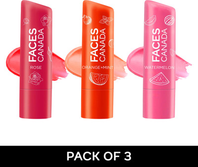 FACES CANADA Lip Balm Combo of 3 | Orange Mint + Watermelon + Rose Petal(Pack of: 3, 4.5 g)