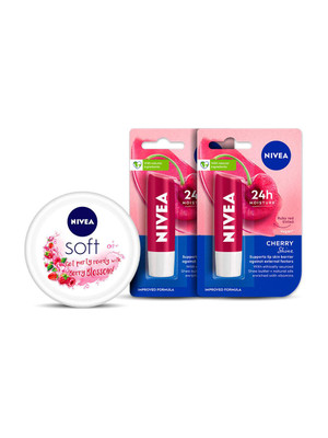 NIVEA Cherry Fruity Shine Lipbalm + Soft Light Moisturizing Cream Berry Blossom Cherry/Berry(Pack of: 3, 209.6 g)