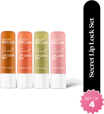 Hilary Rhoda Secret Lip Lock Set | Super-Hydrating & Repairs Lips | Keep Lips Soft & Supple - Cafe Coffee, Candy Cane, Peach Ice Tea, Mint Mojito(Pack of: 4, 2.6 g)
