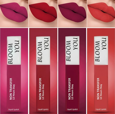 BLOOM YOU Cherry Bomb Matte Liquid Lipstick Pack of 4 Smudge-Proof Lightweight(Red, 10 ml)