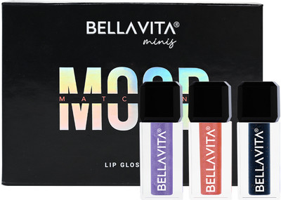 BELLAVITA pH Adapting Mini Lip Gloss Set of 3x2ml| Glossy Finish| Hydrating & Non-sticky(6 ml, Lavender, Peach, Black)