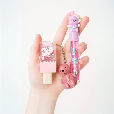 FOZZBY Ice Cream & Gloss Stick Liquid Lip Gloss Set with 2in1 Keychain Teddy Lipstick(60 g, multicolor)