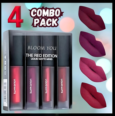 BLOOM YOU Ruby Blush 4-in-1 Lipstick Set | Long-Lasting Matte Red Liquid Lipsticks(Red, 10 ml)