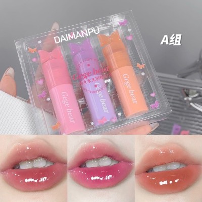 DAIMANPU Gege Bear 3in1 Glossy Korean Lipgloss Set, Lip Repair Moisturizing, Plumping(7.5 ml, SET A)