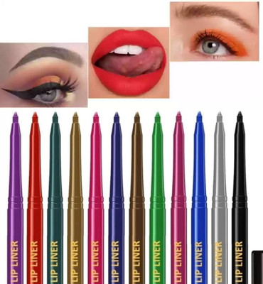 Neycare SET OF 12 SHINE COLOR KAJAL MAKE UP PEN MULTI CRAYON LIP LINER FOR GIRLS(Multi-color)