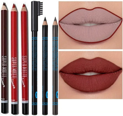 WECHARMERZ Waterproof & Smudgeproof Matte Lipliner Pencil Pack Of 6 Eye + Lip(Multicolor)