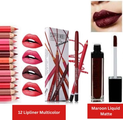 SIYDHA Lipliner Pencil Waterproof Combo Pack Of 12 With Lipstick Dark Maroon Matte 1pc(Maroon, Multishades Pack Of 12)