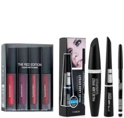 ALLIHOR Red Lipstick Waterproof 4pc | Eyeliner Kajal Mascara(Black, 30 ml)