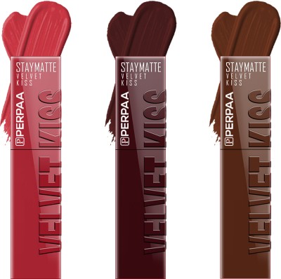 Perpaa Velvet Kiss Combo Pack of 3 Waterproof Matte Liquid Lipstick with Transfer-Proof(Matte Red,Maroon,Dark Brown, 10.5 ml)