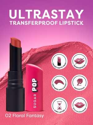 SUGAR POP Ultrastay Transferproof Lipstick 02 Floral Fantasy - Waterproof | Smudgeproof(Mauve rose shade with balanced pink and purple tones, 4 g)