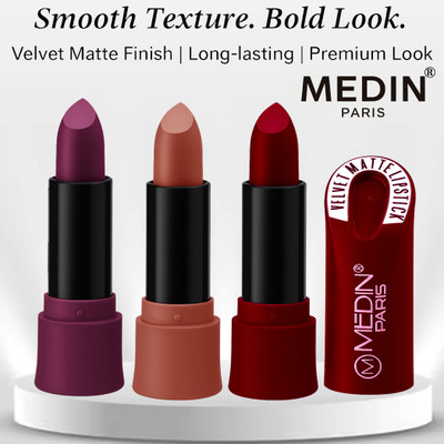 MEDIN Paris Velvet Bold color matte lipsticks cosmetics set of 3(violet Magenta Skin Brown, 15 g)