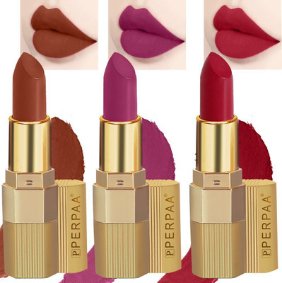 Perpaa Xpression Weightless Matte Waterproof Lipstick Enriched with Vitamin E One Stroke Application -Combo of 3 (5-8 Hrs Stay)(Matte Rust Brown ,Matte Magenta ,Matte Red, 3.5 g)