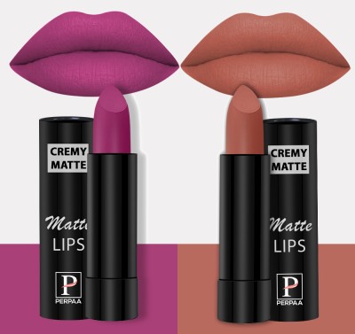 Perpaa Creamy Matte Lipsticks Set of 2 Long Lasting One Swipe Application Smudgeproof(Rose Magenta, Caramel, 7 g)