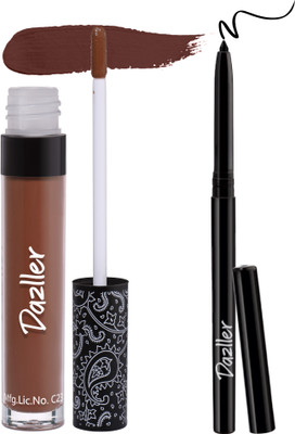 Dazller All Day Lipcolour Quick Dry (QDLC025) + Kreamy Kajal, Smudge proof, Combo(Brown, Black, 7 g)