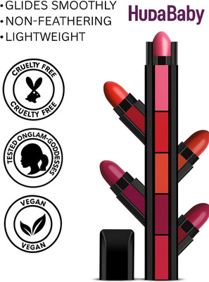 HUDA BABY FAB 5, 5-in-1 Lipstick, Smooth Matte Finish Lips, Non-Drying, Intense Color(The Swiss Red Edtion, 8 g)