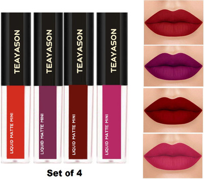 teayason Beauty Sensational Water Proof Long Lasting Liquid Matte Mini Lipstick Set of 4(The Swiss Red Edition, 8 ml)