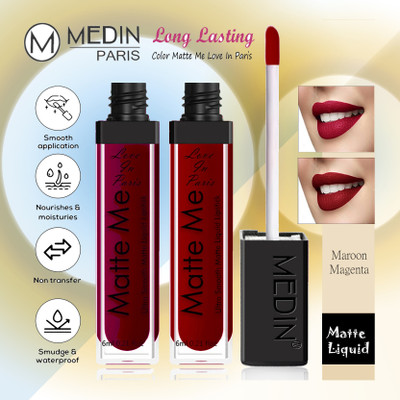 MEDIN Love in Paris Liquid Matte Lipsticks cosmetics Color Combo set of 2(Maroon Magenta, 12 ml)