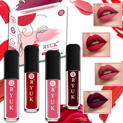 RYUK Airy Matte Liquid Lipstick Non Sticky Truly Luxe Formulation No Paraben(Set-3)(Peach, Tamato Red, Light Pink, Dark Maroon, 12 ml)
