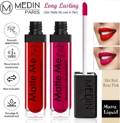 MEDIN Love in Paris Liquid Matte Lipsticks cosmetics Color Combo set of 2(Hot Red Rose Pink, 12 ml)
