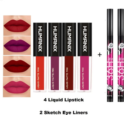 Humanix Red Edition 4 Mini Matte Lipstick With 2 36H Eyeliner (Pack of 6)(Multicolor, 30 ml)