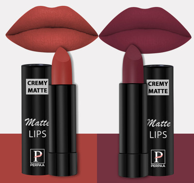 Perpaa Creamy Matte Lipsticks Set of 2 Long Lasting One Swipe Application Smudgeproof(Red Bloom, Dusky Maroon, 7 g)
