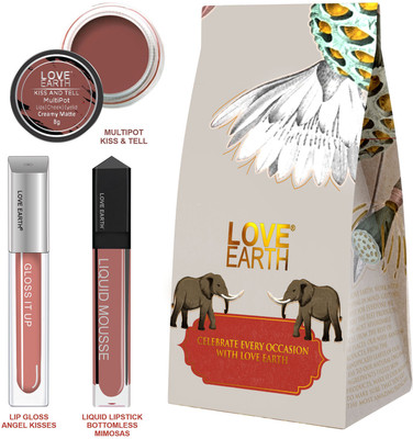 LOVE EARTH Lip And Cheek Tint, Liquid Lipstick Bottomless Mimosas & Lip Gloss Angel Kisses(Mauvish Pink/Bottomless Mimosas/Peach, 17 g)
