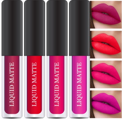 MAKMY BEAUTY Non Transfer Long Lasting Super Stay Kiss-proof Liquid Matte Lipstick Combo(Red ,Purple Maroon and Magenta, 16 ml)