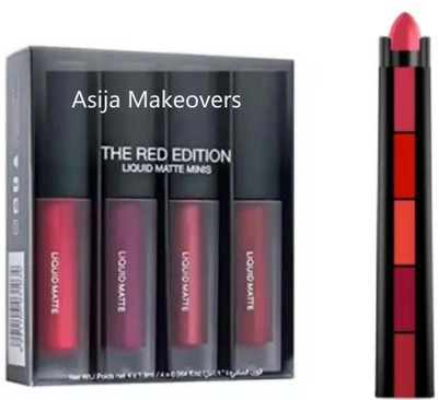 asija makeovers 5in1 Red lipstic & 4 set Mini Matte Liquid Lipstick Red Edition(Red Edition, 15 ml)
