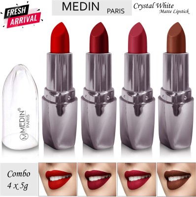 MEDIN Paris Crystal White matte lipsticks Long Lasting makeup combo set of 4 color(Magenta Apple Red D Maroon Brown, 20 g)