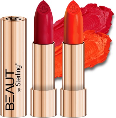 Beaut by Sterling Creamy Matte Long Stay Lipstick Pack Of 2, M01(Party Red) M14 (Peach Love)(Party Red - Peach Love, 4 g)