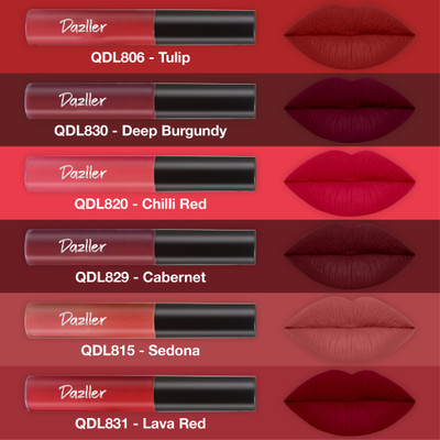 Dazller Lip Colour, Lightweight,Ultra-Intense Matte,SmudgeProof,TransferProof,8-Hrs Stay(Pack of 6 - Red Masala, 3.6 g)