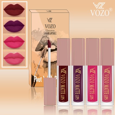 VOZO Liquid Lip Color Collection of 4 Matte Shades for Elegant Look-Set-13(Maroon, Purplish Wine, Light Pink, Peach, 6 ml)