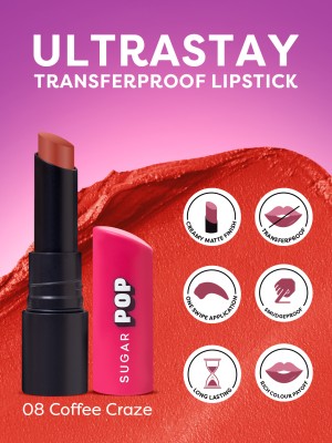 SUGAR POP Ultrastay Transferproof Lipstick 08 Coffee Craze - Waterproof | Smudgeproof(Deep rosewood with a blend of red and brown undertones, 4 g)