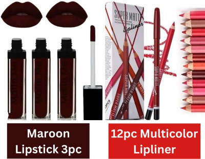 SIYDHA Lipliner And Lipstick | Lipliner Pencil Pack Of 12 + 3 Maroon Lipstick Matte(Maroon, 12 Multicolor, 36 g)