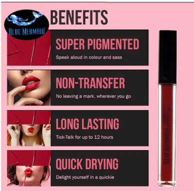 BLUEMERMAID WATERPROOF RED LIQUID MATTE LIPSTICK FOR SMOOTH FINISH LIPS(RED, 6 ml)